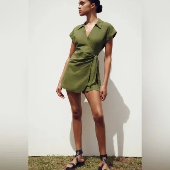 ZARA KNOTTED LINEN BLEND SHORT JUMPSUIT - Picture 2 of 5